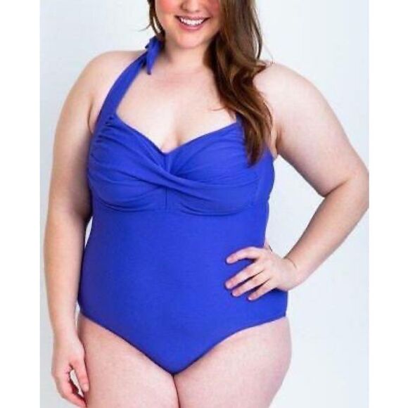 Ibiza Ribbed Halter One Piece Swimsuit Royal Blue Plus Size 1X - Picture 2 of 12
